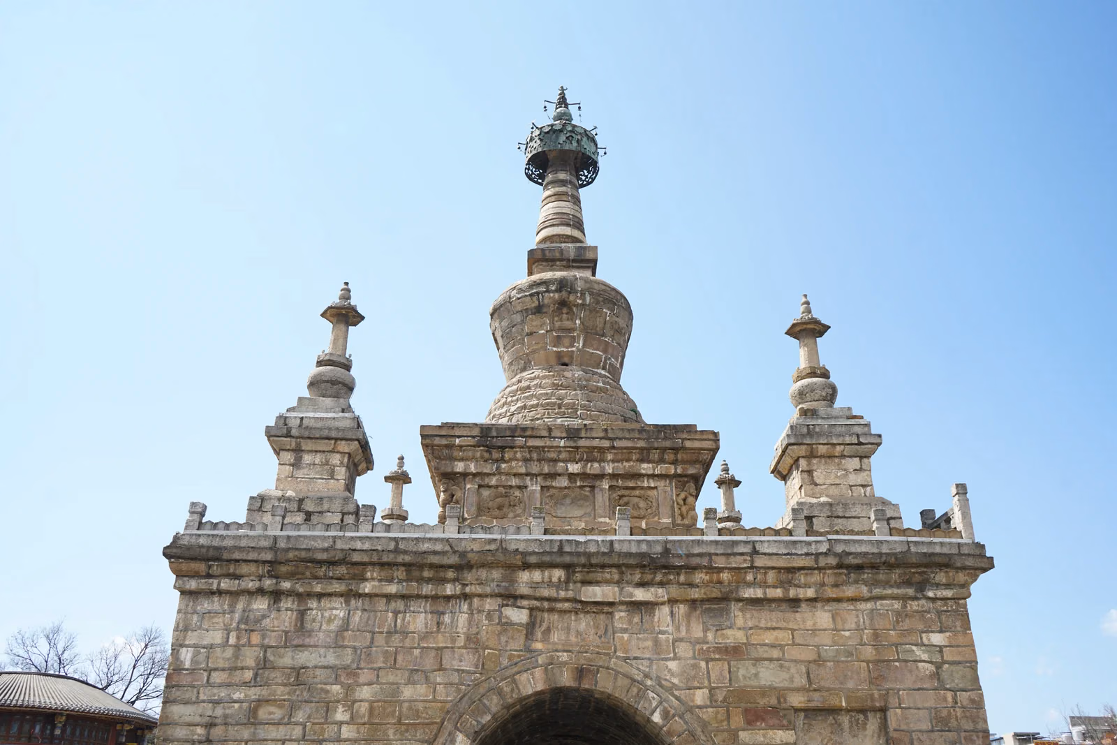 Stone towers above the arched base of the Vajra Pagoda at Miaozhan Temple in Guandu, Kunming