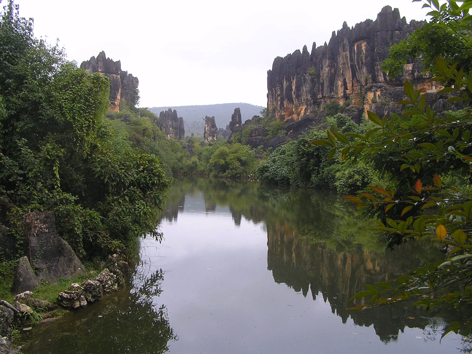Dark limestone walls and towers reflected in still water at Naigu Stone Forest