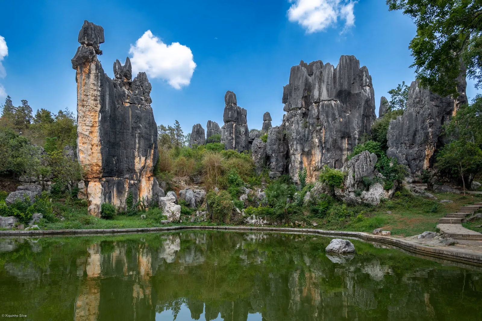 Grey limestone pillars beside a pond and footpath in the Stone Forest