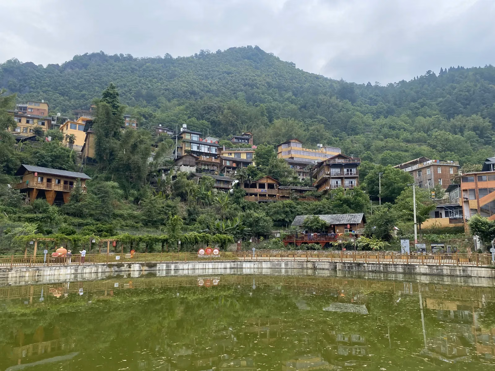 老姆登山坡上的房屋倒映在村中水池。